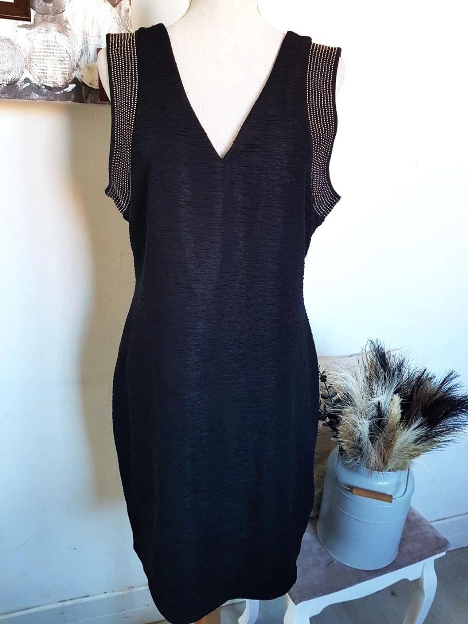 🖤Robe noire froncée/crêpée H&M – Clous brillants & Dos nu – Taille L (40)